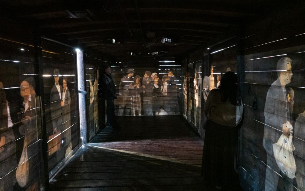 A replica Holocaust cattle car displayed in Times Square