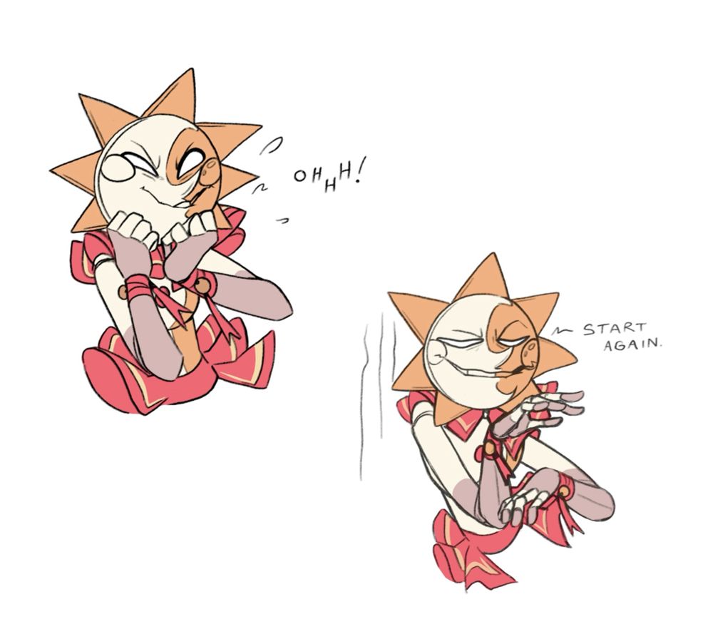 [Two coloured half body images of Sun. The left hand image shows Sun recoiling toward the left, both hands bunched up at face height, face scrunched up as though wincing at the sight of something off screen. Speech to the right of him reads: "Ohhh!" The right hand picture shows Sun with his eyes narrowed, face cracking into a grimace as he holds his hand up in front of his face, fingers splayed out as though fretfully waving something away offscreen. Speech to the right of him reads: "Start again."]