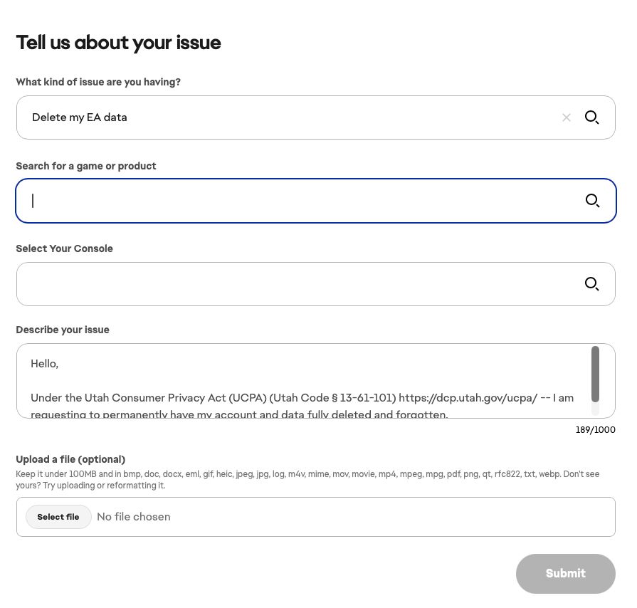 Screenshot of a contact us page for EA. Two fields are required, but don't show they are required, it simply grey's out the submit button.