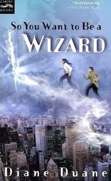 The cover of So You Want To Be A Wizard by Diane Duane. Two teens traverse an ethereal bridge towards a luminous tear in the sky (presumably a portal of some kind), high above a skyscraper-dense cityscape. 