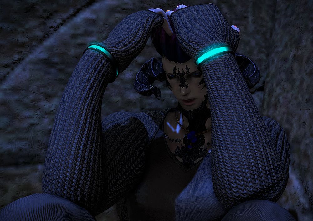 A large Au Ra man sitting against a wall, his head in his hands and he is crying out in sadness.