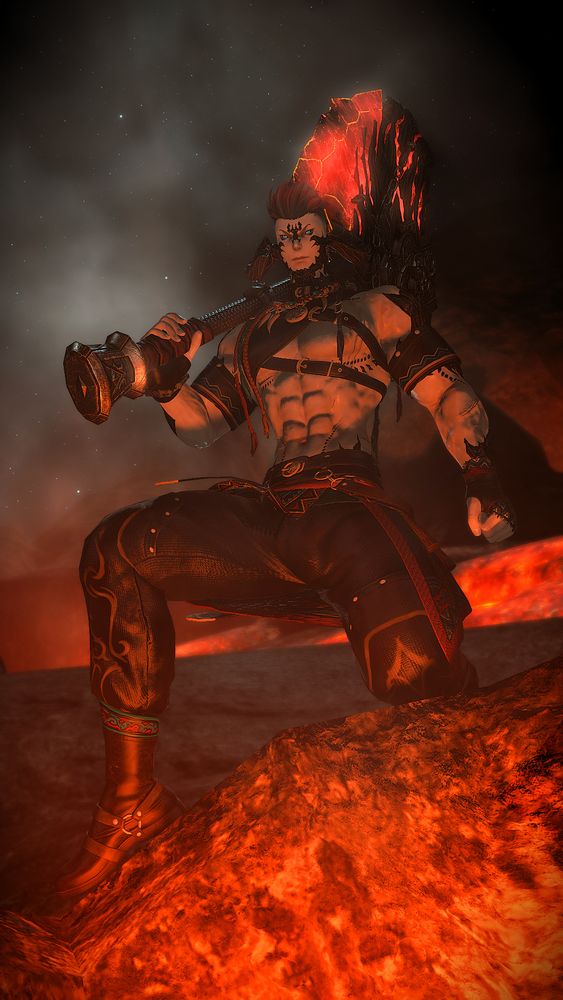 A large Au Ra man kneeling in front of a fiery pit with his volcanic axe slung over his shoulder.