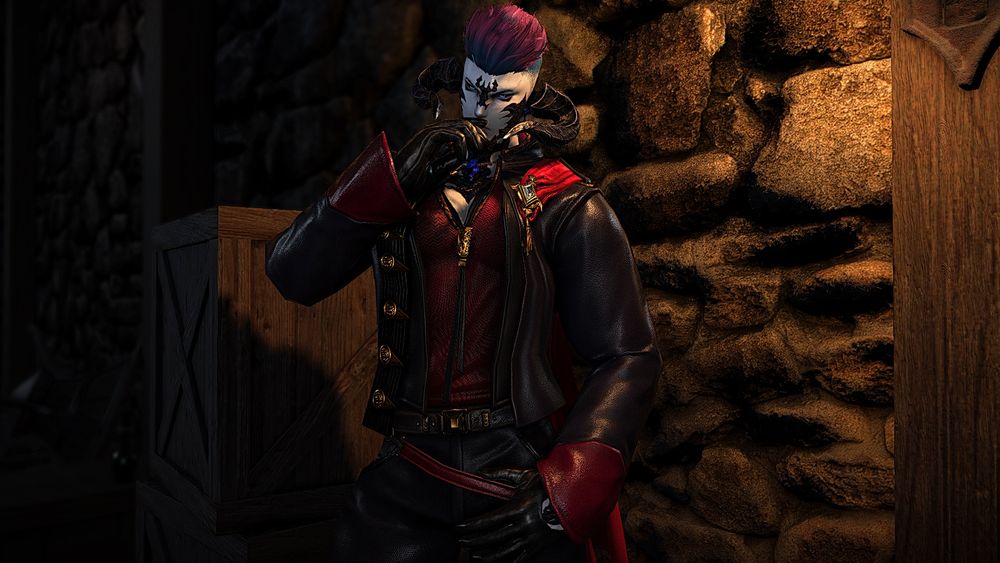 A large Au Ra man leaning against a stone wall. He is deep in thought, softly pressing one finger against his lips while his other hand rests along the dangling fabric on his pants.