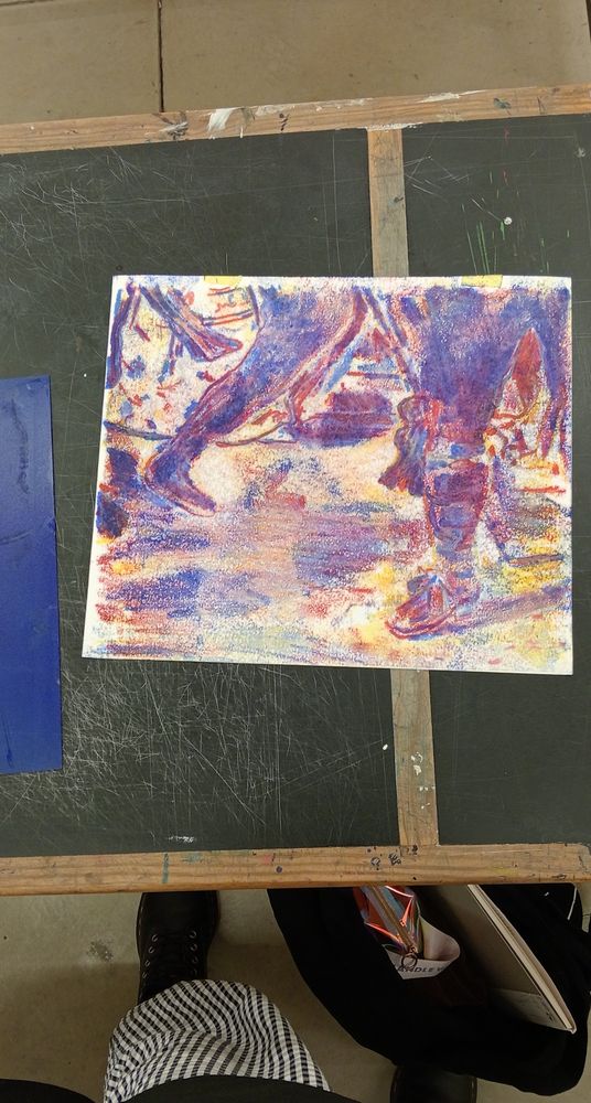 A coloured print from some people wearing period costumes showing from their waist until the floor  