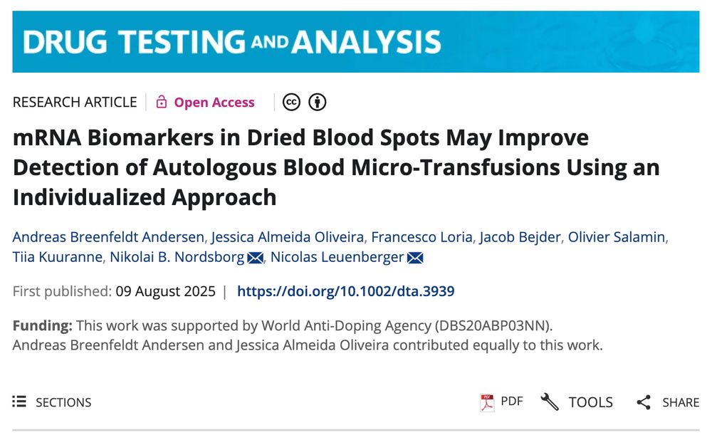 This image shows details about the paper linked in the post. It was published in the journal Drug Testing and Analysis, and the title of the article is, "mRNA Biomarkers in Dried Blood Spots May Improve Detection of Autologous Blood Micro-Transfusions Using an Individualized Approach." This is an open access article.