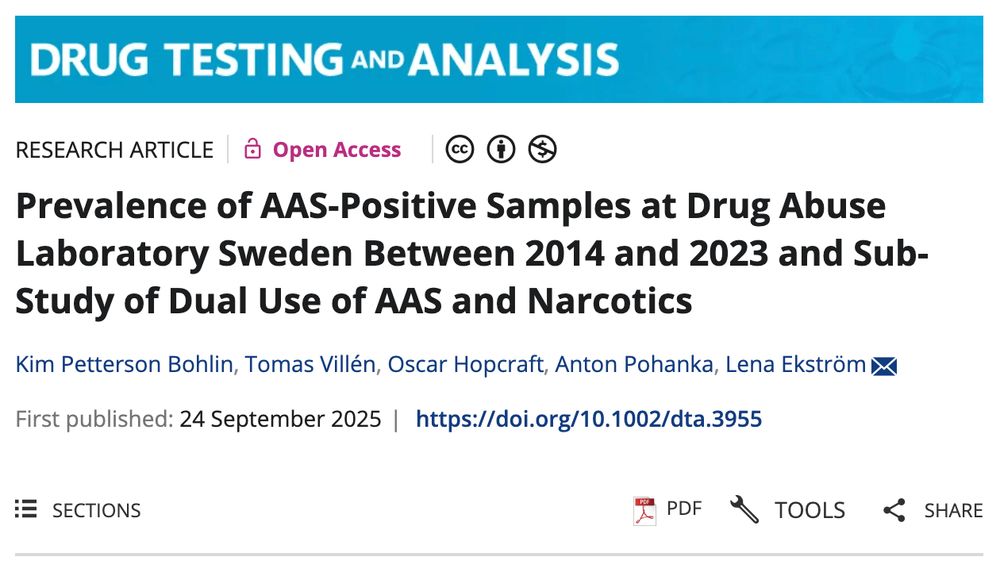 The image shows details about the open access paper linked in the post. It was published in the journal Drug Testing and Analysis, and the article title is, "Prevalence of AAS-Positive Samples at Drug Abuse Laboratory Sweden Between 2014 and 2023 and Sub-Study of Dual Use of AAS and Narcotics".