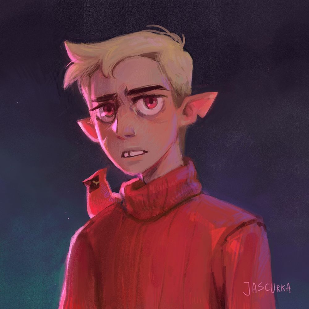 A portrait painting of Hunter from The Owl House. He's wearing a red turtleneck and Flapjack is sitting on his shoulder.