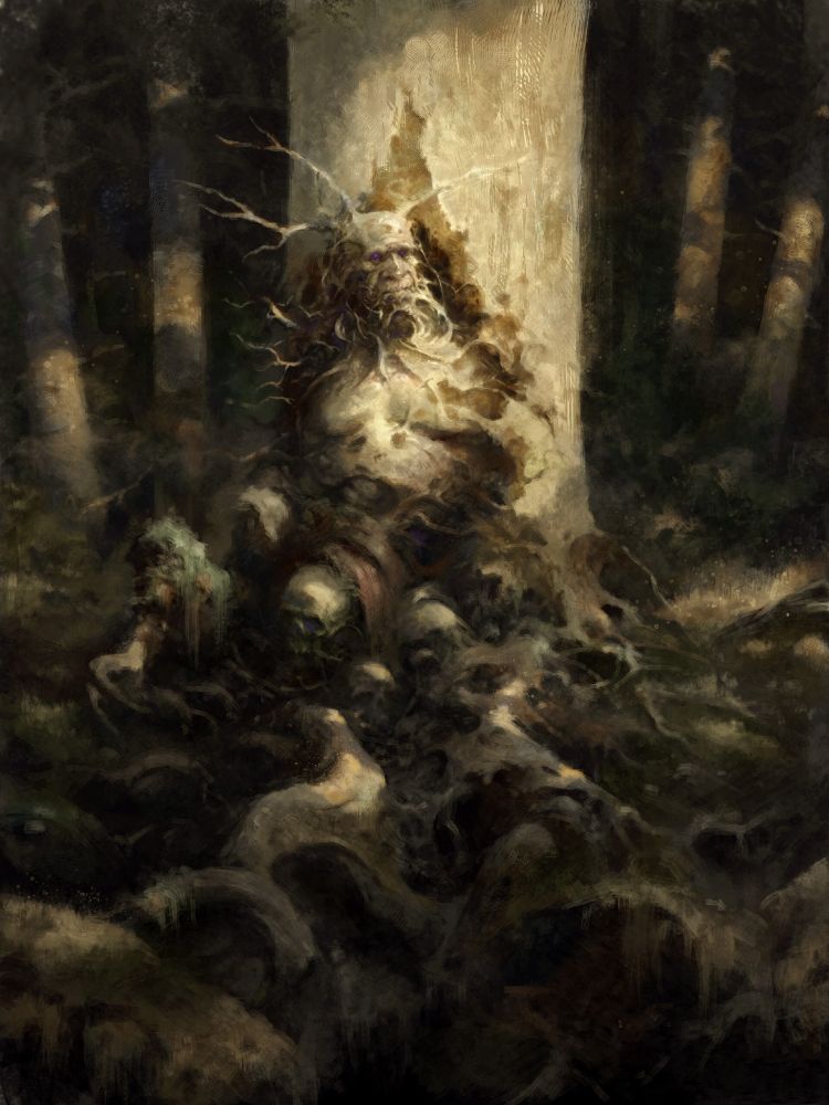 A man, who appears to be a tree spirit, emerges from the base of a tree. Branches grown from his head, chin, and shoulders, and at his feet are several skulls and roots that all appear merged together. 