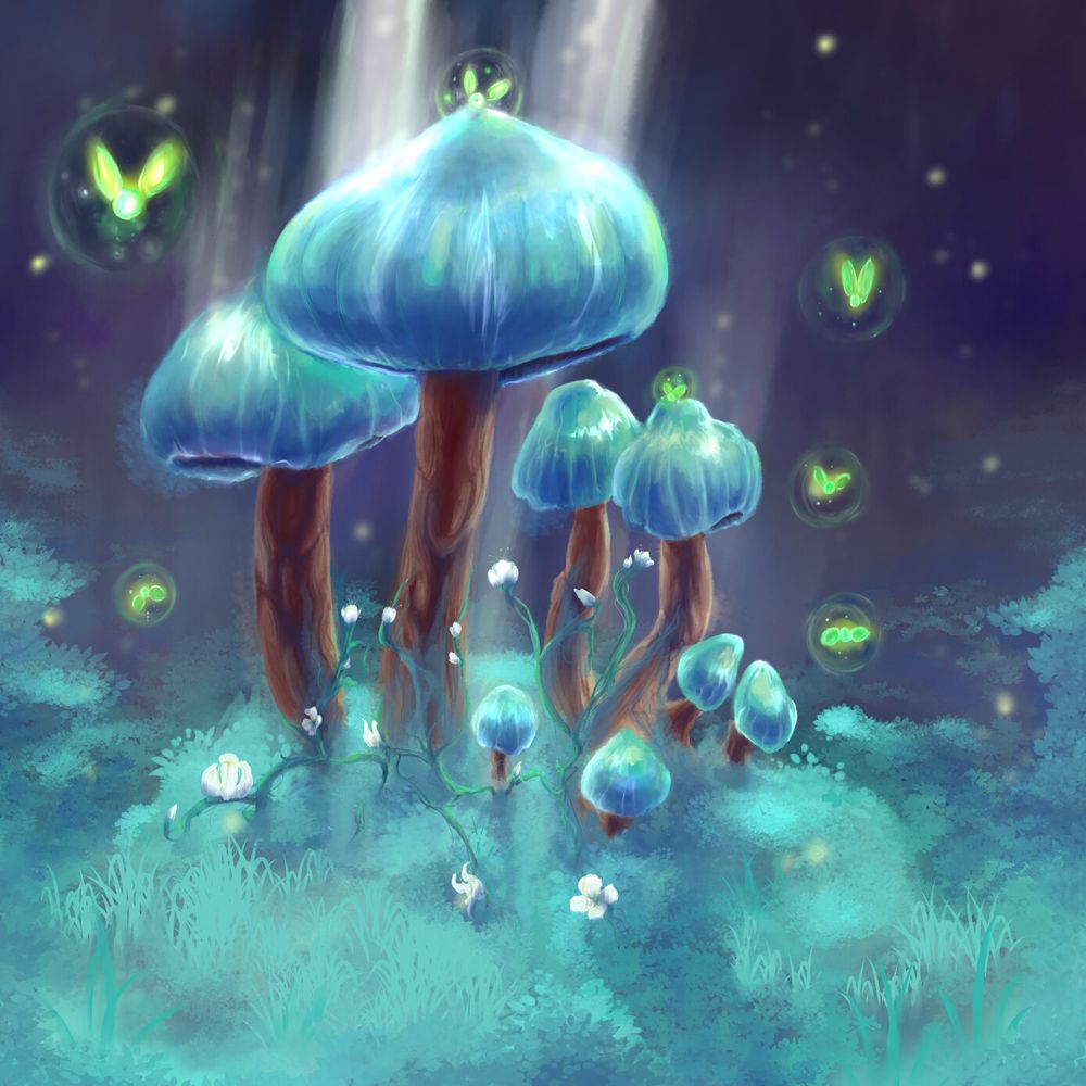 Blue mushrooms with brown stems shine under beams of light from above. Flying around them are small, glowing green creatures in what appear to be bubbles. 