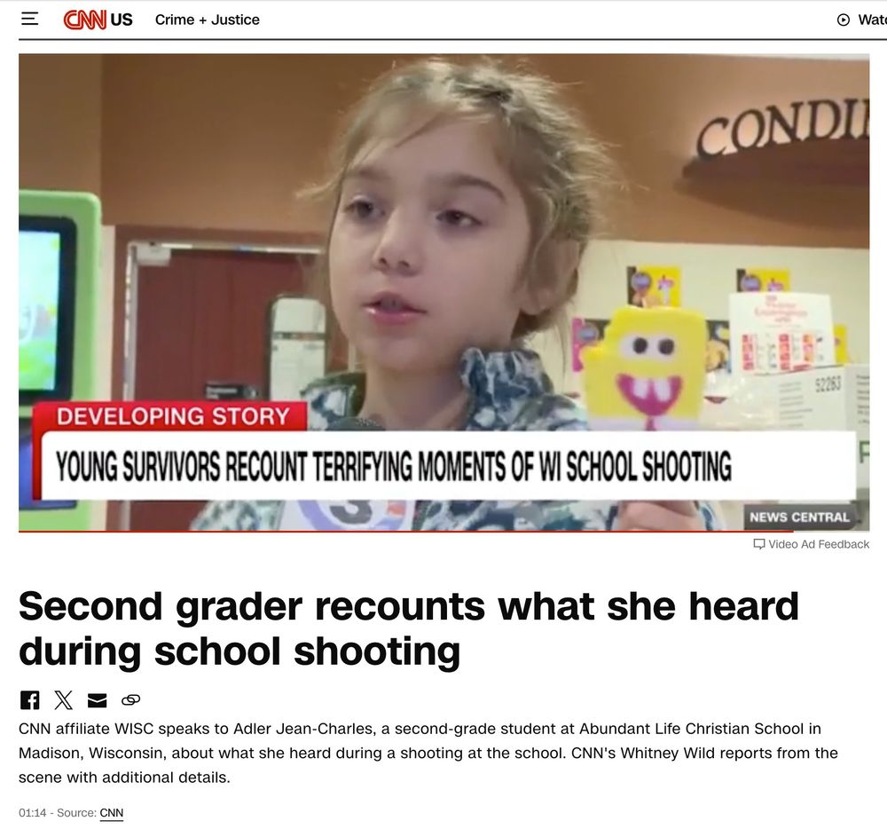 Screenshot of a video of a second grader who recounts what she heard during school shooting