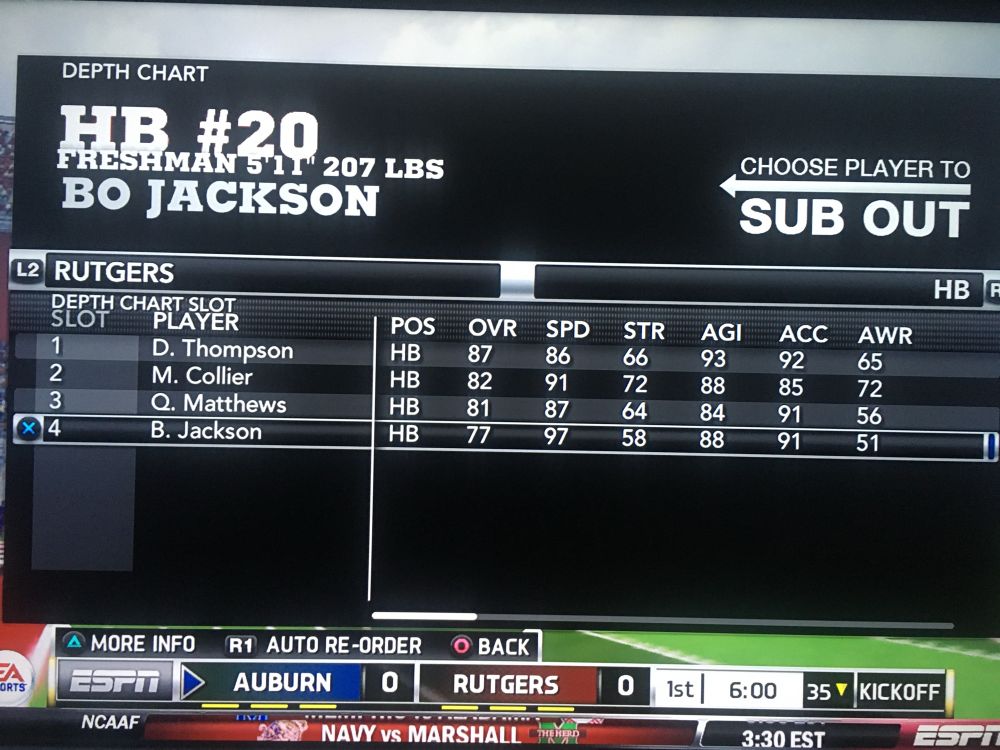 Computer generated player Bo Jackson, who happens to also be a really good running back, 4th on the depth chart at Rutgers as they play against auburn 