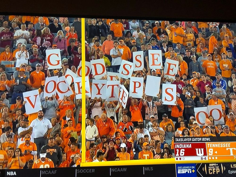 Tennessee fans holding up letter signs but it spells "GOODSSEE VOCKYTEPS OO"