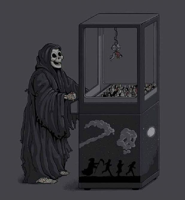 blank meme of the grim reaper playing the claw game with people in the machine