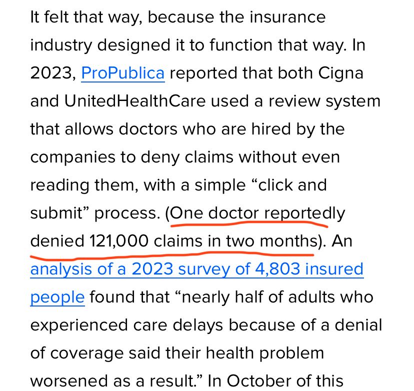 Screenshot from article citing a report of a doctor working for an insurer who denied 121,000 claims in two months