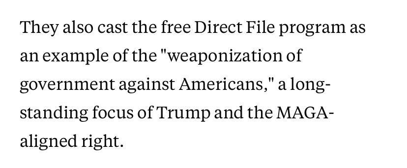 Screenshot of article where republicans characterize Direct Fule as “weaponization of government against Americans”