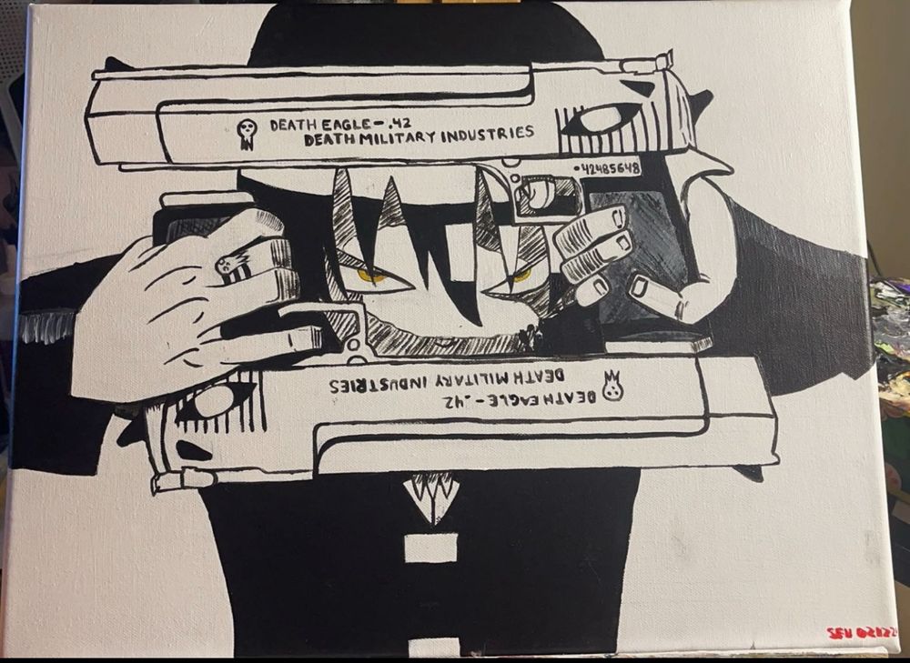 Death the kid with his twin pistols forming a box around his face to only show his eyes