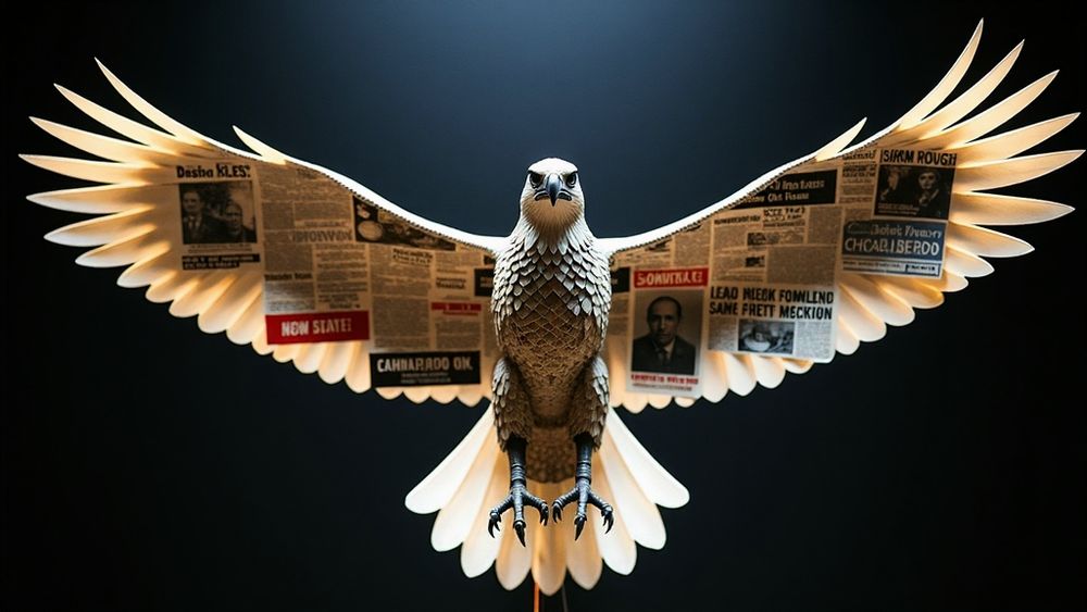 cinematic film still A hyperrealistic sculpture crafted from recycled, digitally-printed propaganda pamphlets. The sculpture takes the form of a majestic eagle, poised mid-flight, its wings bearing the faded imagery of various conflicting viewpoints. The eagle's eyes, however, are empty sockets, reflecting the hollowness of constant information overload. The materials should be visibly distressed and layered with a subtle, almost imperceptible patina of cynicism. . shallow depth of field, vignette, highly detailed, high budget, bokeh, cinemascope, moody, epic, gorgeous, film grain, grainy - duplicated heads, dual facial features, cropped visuals, boundaries exceeded, preliminary sketch, distorted appendages, signed, contorted digits, double imagery, elongated neck, misshapen hands, additional heads, extra limb, unattractive, poorly illustrated hands, limb omitted, disfigured, truncated, grainy, low-resolution, distorted, blurry, poor anatomy, disfigured, badly drawn facial features, mutation, mutated, levitating limbs, detached limbs, stretched torso, repellent, badly sketched, mutilated, mangled, extra digits, duplicate artifacts, morbid, disproportionate, absent arms, mutated hands, disfigured hands, cloned facial features, malformed, unattractive, repeating, poorly sketched hands, badly drawn feet, badly drawn face, watermarked, signature, truncated, low contrast, insufficiently exposed, overexposed, subpar art, amateurish, facial distortions, blurry, sketch, grainy anime, cartoon, graphic, text, painting, crayon, graphite, abstract, glitch, deformed, mutated, ugly, disfigured - model: checkpoint/srpoRefineQuantized_v10Fp8, seed: 1462980299, steps: 42, cfgscale: 2.0, variationseed: 1158015312, variationseedstrength: 0.8, aspectratio: Custom, width: 1024, height: 576, sampler: euler_ancestral, imageformat: PNG, colordepth: 16bit, automaticvae: True, swarm_version: 0.9.7.1