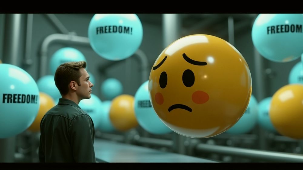 cinematic film still A computer-generated animation depicting a "thought bubble" factory. Within this factory, identical, pre-packaged opinions are mass-produced and stamped with the words "FREEDOM!" on their shiny exteriors. A lone worker, a digitally rendered emoji of a perpetually perplexed face, stares longingly at a blank, unformed thought bubble. Style: Pixar meets Kafka. . shallow depth of field, vignette, highly detailed, high budget, bokeh, cinemascope, moody, epic, gorgeous, film grain, grainy - duplicated heads, dual facial features, cropped visuals, boundaries exceeded, preliminary sketch, distorted appendages, signed, contorted digits, double imagery, elongated neck, misshapen hands, additional heads, extra limb, unattractive, poorly illustrated hands, limb omitted, disfigured, truncated, grainy, low-resolution, distorted, blurry, poor anatomy, disfigured, badly drawn facial features, mutation, mutated, levitating limbs, detached limbs, stretched torso, repellent, badly sketched, mutilated, mangled, extra digits, duplicate artifacts, morbid, disproportionate, absent arms, mutated hands, disfigured hands, cloned facial features, malformed, unattractive, repeating, poorly sketched hands, badly drawn feet, badly drawn face, watermarked, signature, truncated, low contrast, insufficiently exposed, overexposed, subpar art, amateurish, facial distortions, blurry, sketch, grainy anime, cartoon, graphic, text, painting, crayon, graphite, abstract, glitch, deformed, mutated, ugly, disfigured - model: checkpoint/srpoRefineQuantized_v10Fp8, seed: 820493929, steps: 42, cfgscale: 2.0, variationseed: 1485634164, variationseedstrength: 0.8, aspectratio: Custom, width: 1024, height: 576, sampler: euler_ancestral, imageformat: PNG, colordepth: 16bit, automaticvae: True, swarm_version: 0.9.7.1