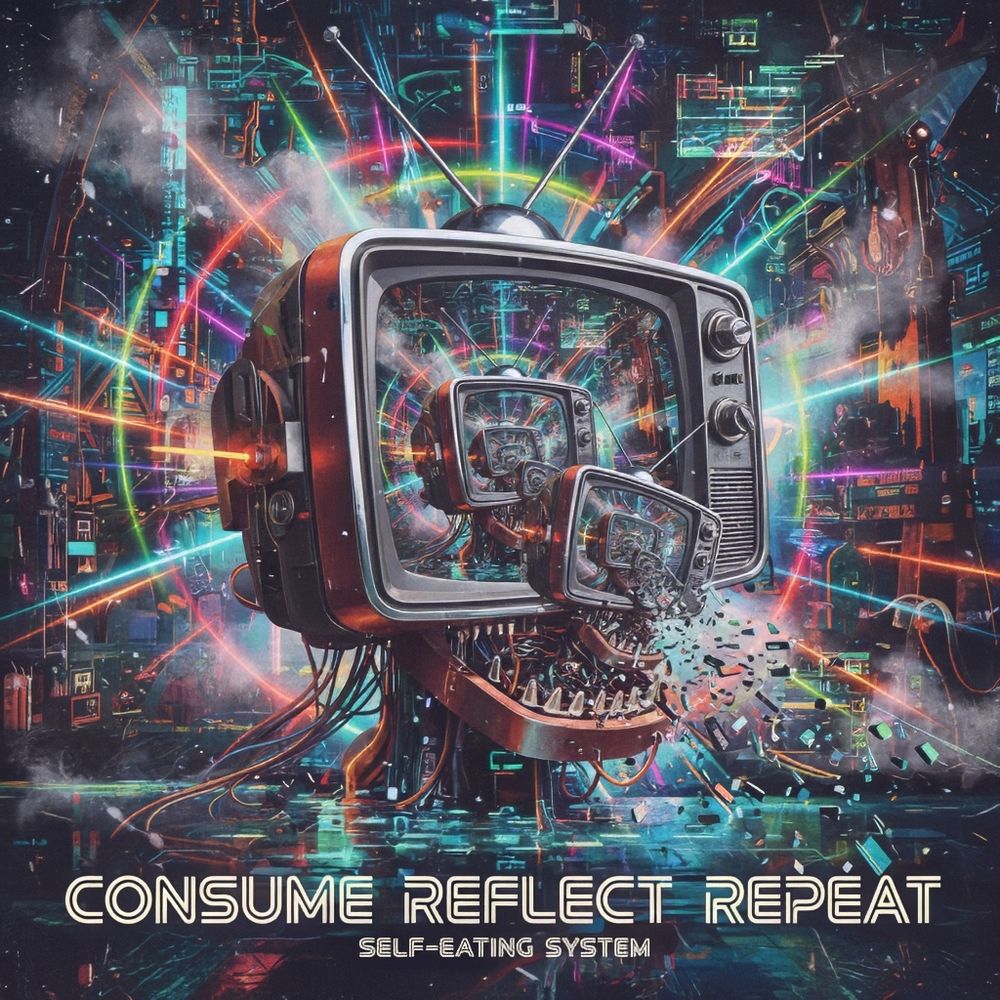 Recursive head devouring its reflection amid glitch static mixed media mid century sci-fi retro futuristic TVhead collage - A recursive head, trapped in an endless loop of self-consumption, because, you know, deep thoughts. Imagine the existential dread! Glitch static adds that extra je ne sais quoi, and the mixed media approach proves how modern we are. Mid-century sci-fi meets retro futurism with a dash of TVhead collage, because why not? (digital art:1.4), (cyberpunk:1.2), (vibrant colors:1.1).