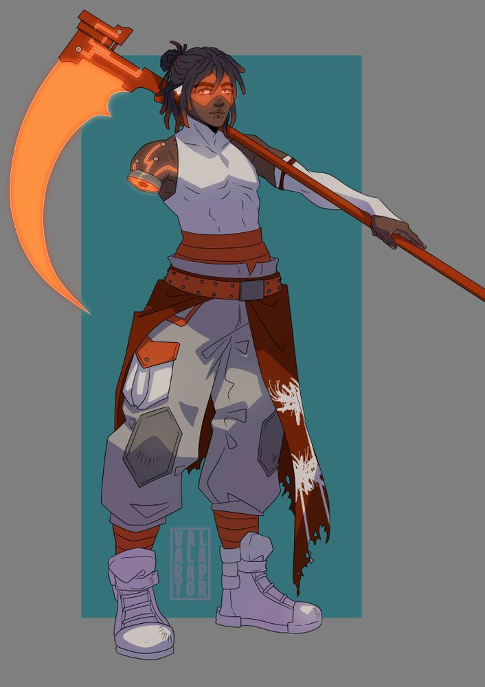 [Image ID]: A drawing of a young man. He has dark skin, dark brown eyes, and dark brown hair styled into dreadlocks. The locs are red at the ends. He is also missing his right arm. He is wearing a red and white headset with an orange visor. tight, white, sleeveless shirt,  a white armwarmer, red wrap around the waist, khaki cargo pants with an orange belt, a red overskirt with a white spider lily pattern, red leg wraps, and white, high-top sneakers. He also appears to have a glowing orange cybernetic port where his right arm used to be. He is standing casually, with a red-orange cybernetic scythe over his shoulder. He is smiling at the viewer. The background is grey with a dark teal rectangle overlaid. [/End ID]