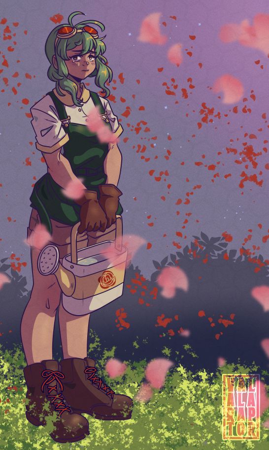 [Image ID]: A picture of Gumi as she appears in Water the Roses by FLAVOR FOLEY. She has tanned skin, brown eyes, and short green hair. She is wearing a short green apron over a light yellow shirt and brown shorts, along with brown gloves and boots. She is holding a watering can with a rose motif on the side. She's standing in an unkempt field near a short hedge. It looks to be around twilight. Red rose petals swirl around her. [/End ID]