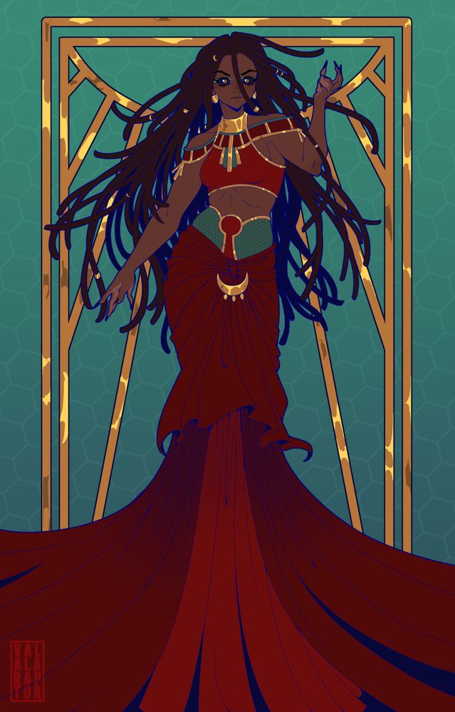 [Image ID]: A picture of Annette, as Sekhmet's Akh avatar, from Castlevania Nocturne. She is a young woman with dark skin, black hair styled into long dreadlocks, and yellow, cat-like eyes with a deep blue scelra, framed with red and teal markings or makeup. In her hair, she wears various gold hair cuffs and rings. She is wearing a red top trimmed in gold and teal, a teal, red and gold girdle, and a very long red skirt. She is looking at the viewer with a piercing stare and appears to be floating. The background is teal with a honeycomb pattern, overlaid with a gold rectangle containing a simple depiction of a sun with rays, also in gold. [/End ID]