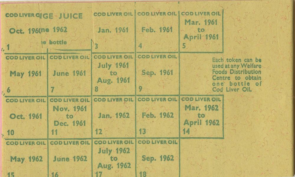 Cod liver oil tokens in vitamin token book from 1962, only one used suggests my two year old self wasn't very keen