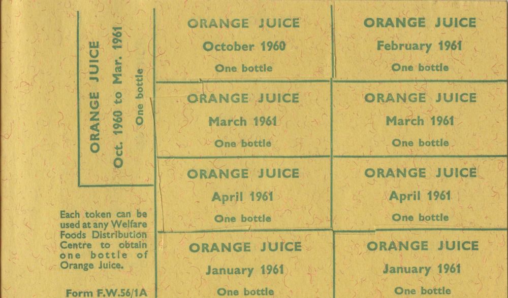 Orange juice tokens from vitamin token book from 1962, quite a few used but not all.