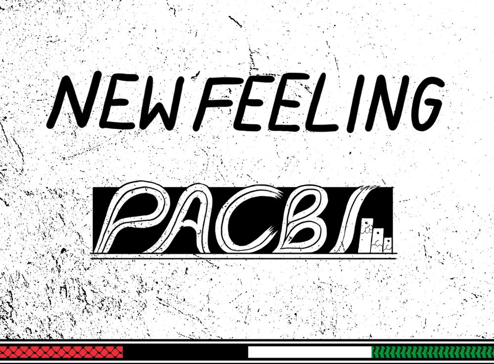 a banner that reads "New Feeling / PACBI" in the palesintnian flag's colours, featuring the keffiyeh fishnet pattern