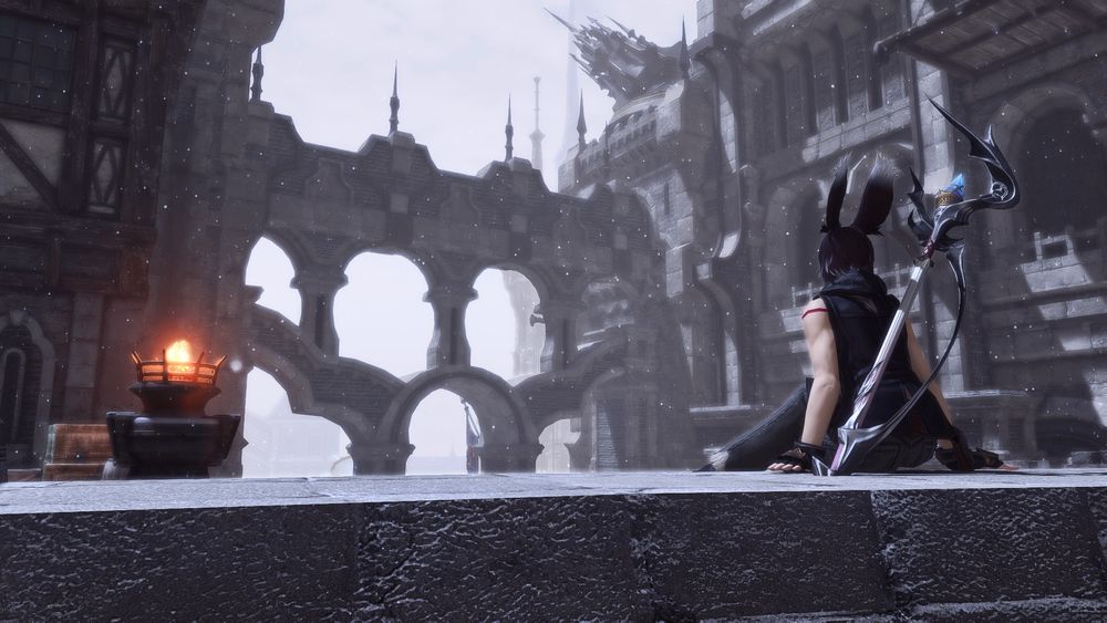 Viera sitting on a stone fountain in ishgard, staring out into the distance