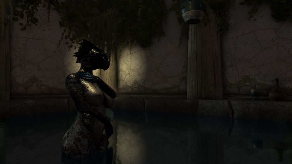 Naked Argonian woman bathing