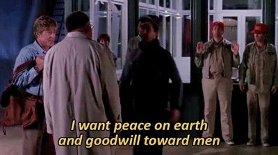 A GIF from one of the final scenes of the movie Sneakers (1992). The protagonists are telling NSA Agent Bernard Abbott - played by James Earl Jones - what it will take for them to stay silent about the things they've learned. Whistler - played by David Strathairn - says with sincerity, "I want peace on earth and goodwill toward men."

The scene then cuts to a close-up of NSA Agent Bernard Abbott, who responds with a serious, deadpan expression, "We are the United States government. We don't do that sort of thing."
