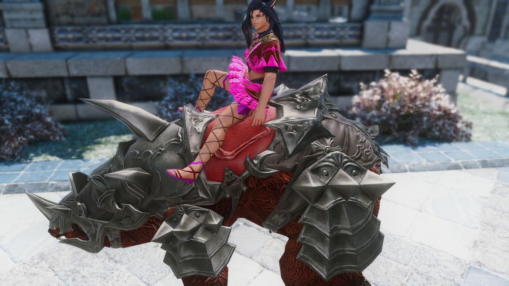 Torri in their eye searing neon pink and red ruffle aiming outfit (they're a bard, presently--not that you can tell because I have hidden their bow). They are sitting on a giant, red, heavily armored bear. 

I tanked an expert and didn't realize I was that close!