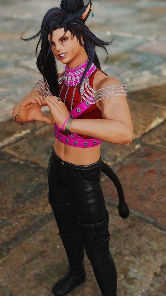A screenshot of Torri in a tight croptop dyed obnoxious bright in red and neon pink. There are chains on it. They are wearing vacuum sealed leather pants and tall boots that are also too tight for the physics to be real.

This is their new In Character Tank Glam.