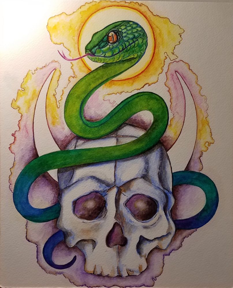 Stylized illustration in ink and watercolor of a green viper twined around a skull and a crescent moon. The snake has a golden halo and a vicious eye.