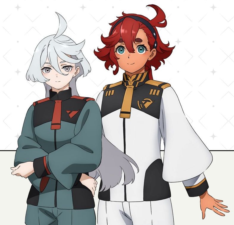 suletta base character design with tan skin. with her wife miorine