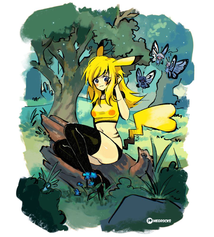 a humanized female pikachu with shoulder-blade length yellow hair, baseball tshirt, panties and black thigh highs sitting on a log in the middle of  a sunny forest with little humanized butterfrees fluttering behind her. 