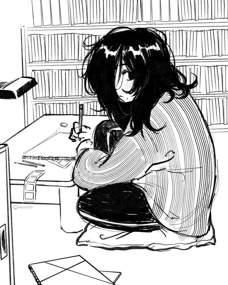 kyomoto from the movie Look Back sitting at her desk, about to draw and looking back towards the door of her room