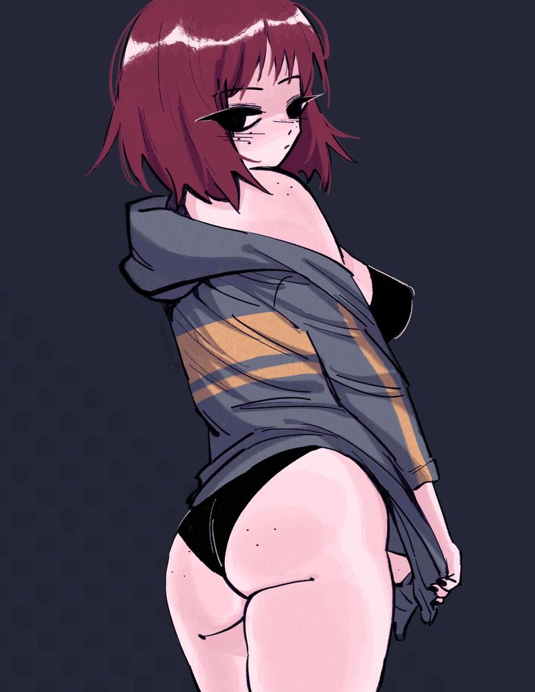 fanart of kim pine from scott pilgrim looking back at the viewer taking off her green striped hoodie