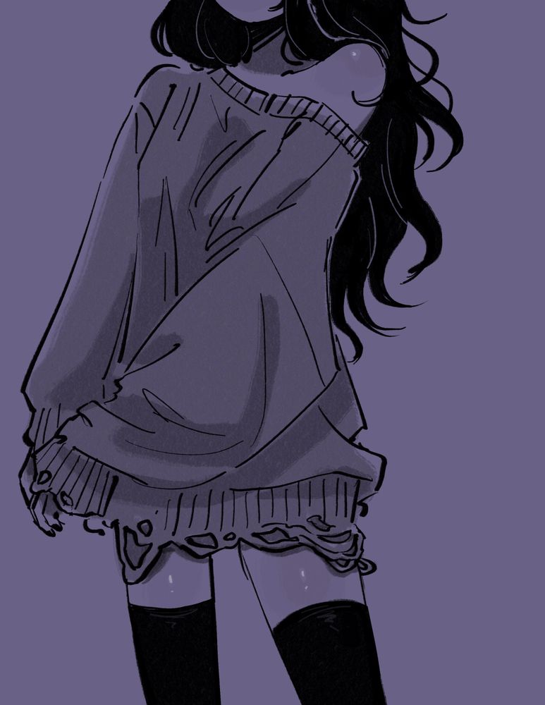art study of a girl wearing an oversized sweater thats coming undone at the bottom