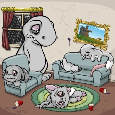 Illustration featuring several fantasy animal characters from the website Neopets. Each character is gray in color; with red, watery eyes; and looks very depressed. 
All but one are lazily laying about a dirty room, while the remaining character looks down in sadness. 