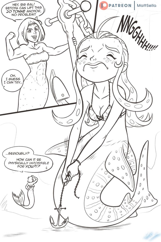 A sketch comic:
Panel 1 - A muscular mermaid holding a large ship's anchor challenges a giant mermaid to lift the same anchor.
Panel 2 - The giant mermaid grips the chain of the anchor and struggles to lift the anchor from the seafloor. The muscular mermaid scratches her head, perplexed the giant mermaid can't really lift the anchor despite her massive size. 