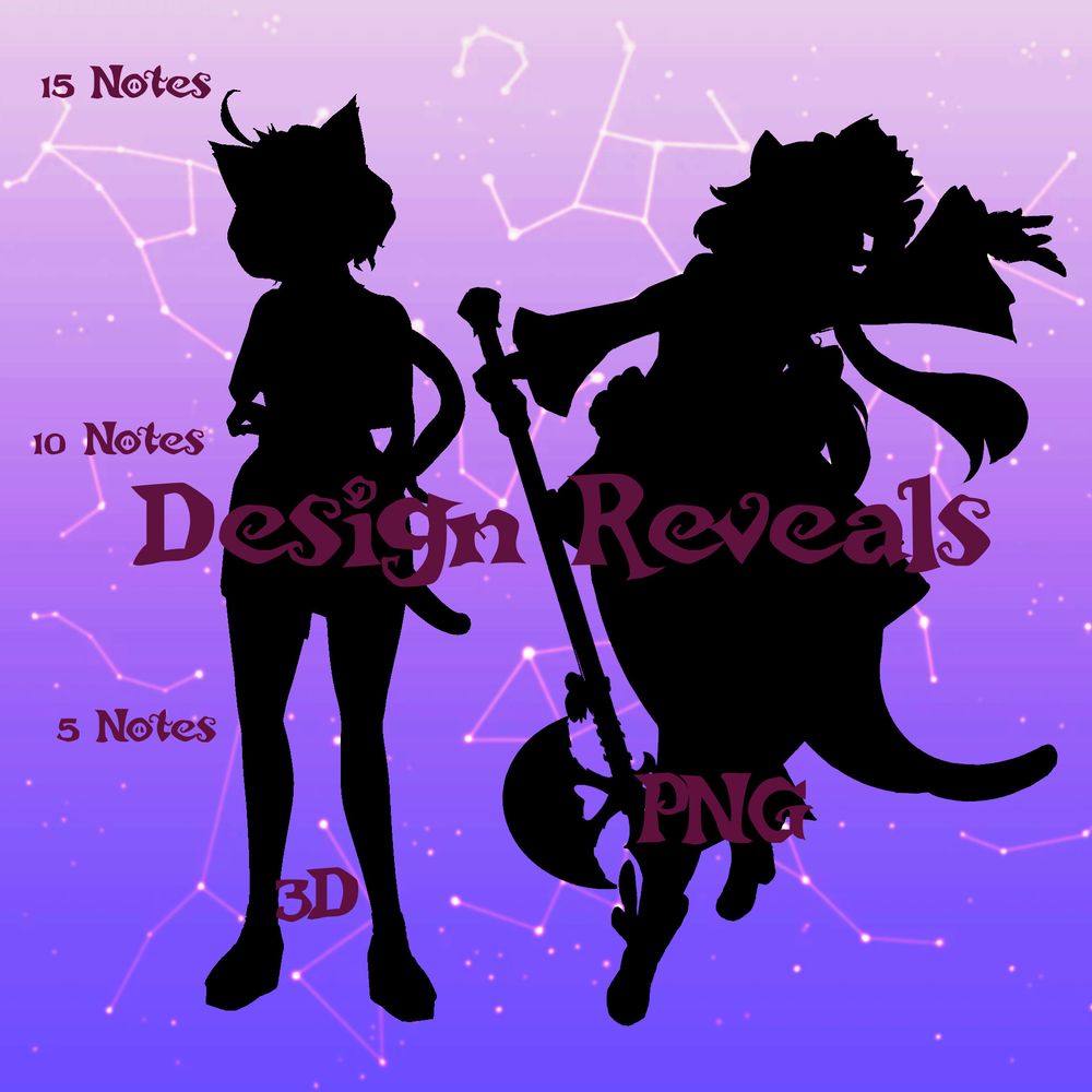 An image of the same character shown twice, one displayed via a three-dimensional model and a two-dimensional artwork piece. Both are shown in silhouette. The text "Design Reveals" is displayed over the middle of both designs. Increments are displayed on the left side of the two depictions of the characters, indicating the thresholds for revealing each part of the designs. "5 notes" is written next to the character's knees, "10 notes" is written at the character's waist, and "15 notes" is written at the top of her head.