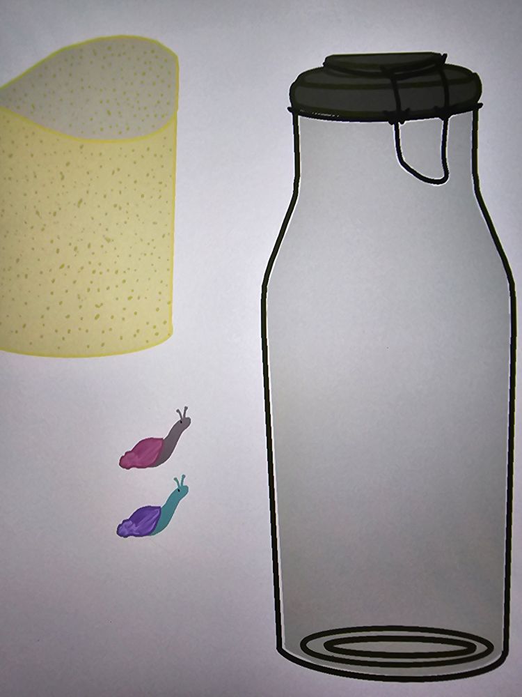 A simply drawing of an old green jar, some sand, and two snails, one pink and one blue. "Working on some clear, stackable terrarium stickers, what is a cute thing you think would go well in a terrarium?"