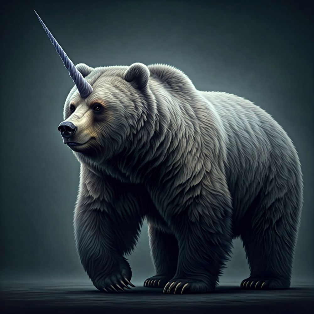 A large, white bear with a long, spiraling unicorn horn. The bear stands on a dark background, looking to the side.