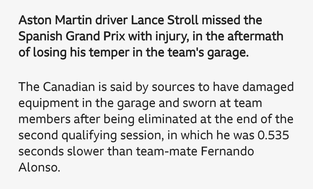 BBC News screenshot of text explaining why Lance Stroll missed the Spanish Grand Prix. In summary, because petulance.