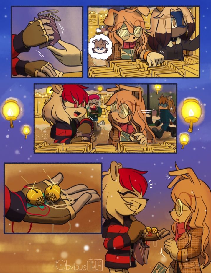 Aires and Juliet in a night market. Aires bought two carol bells.

OCs featured:
(2nd panel) surgingdragon.bsky.social‬ 
(3rd panel)
lidb99regihork.bsky.social‬
mikemurdock.bsky.social‬
