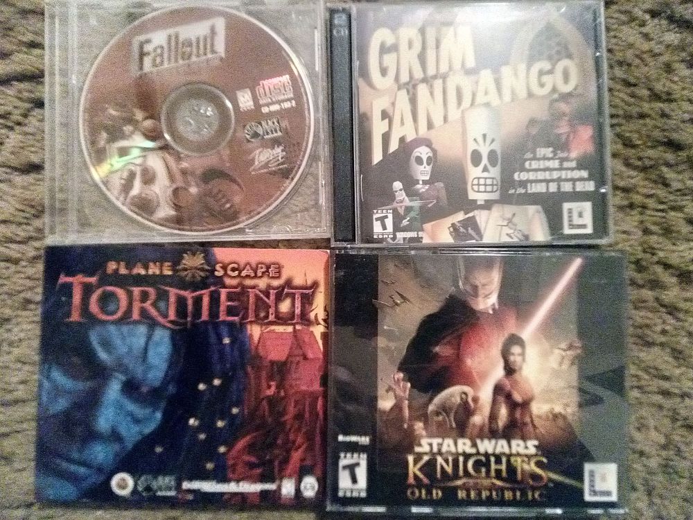 original discs for fallout 1, grim fandango, planescape torment and knights of the old republic.