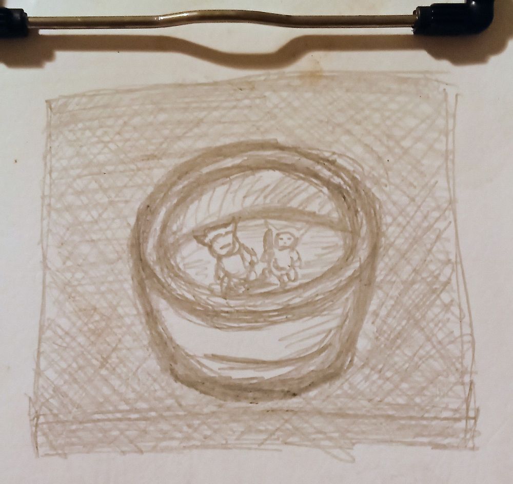 Pencil sketch of Liam & His Shadow in a giant bucket within an endless void.