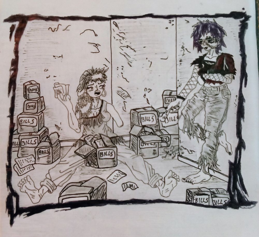 Cyan and Allie in their apartment. Boxes marked "Bills" all around.